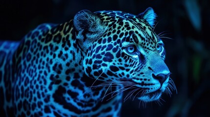 Striking jaguar portrait with intense blue and black coloration, showcasing detailed spots and piercing eyes. A captivating, otherworldly feline gaze