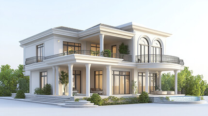 Elegant two story house with large windows and balcony