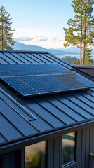 Modern House with Solar Panels Installed on Metal Roof under Clear Blue Sky