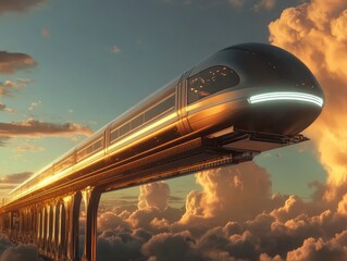 Futuristic Train Soaring Above Clouds.