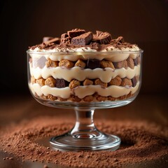 Classic Tiramisu Dessert in Glass Bowl with Cocoa Dusting