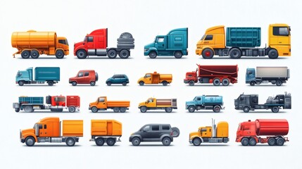 Collection of various colorful trucks and commercial vehicles on white background.