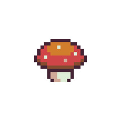 Obraz premium Fly agaric mushroom pixel art icon vector illustration. Mushroom element design for stickers, logo, mobile app. Video game assets 80s 8-bit.