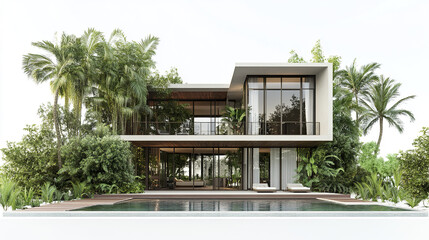 Fototapeta premium Modern house with pool surrounded by lush greenery and palm trees