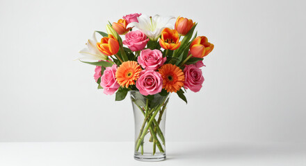 Fototapeta premium Vibrant Spring Bouquet Roses, Tulips, Lilies & Gerbera Daisies in a Glass Vase