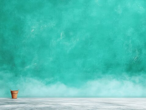 Bright turquoise wall backdrop with empty space for display and a small terracotta pot on the floor