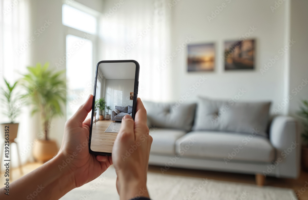 Fototapete Person holds smartphone with augmented reality AR view of smart home tech interface. Home automation app with internet of things IoT connected devices controls light, temperature, security. Modern