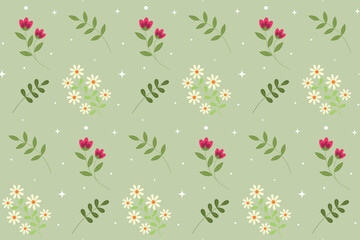 Floral  seamless pattern. Flowers  and  twigs on green background. Botanical pattern. Design for greeting cards, posters, decorations, wrapping paper, textile. Flat cartoon style.Vector illustration.