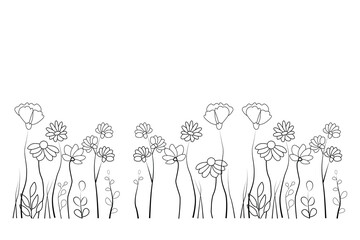 Line Drawing Set Of Plants Black Sketch of Flowers Isolated on White Background. 
