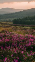 Obraz premium Serene sunset landscape with vibrant purple wildflowers blooming in a field, hills and forest in the background.