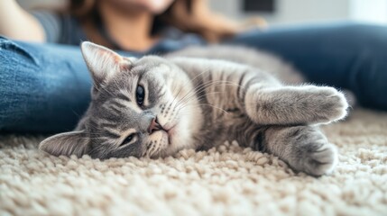 A Scottish Fold cat flops onto a plush rug, stretching its stubby paws while its owner laughs at its adorable laziness.