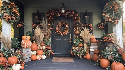 A festive front porch decorated with stacked pumpkins, cornstalks, and autumn wreaths.