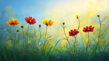 Fototapeta premium Red, Yellow, and Orange Wildflowers in a Meadow: A Serene Nature Painting