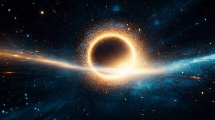 Naklejka premium Celestial Abyss: An awe-inspiring view of a black hole, an area where gravity pulls so much that even light cannot escape. The image illustrates the cosmic void.