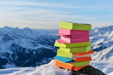 Colorful Sticky Notes on Snowy Mountain Peak Against Blue Sky