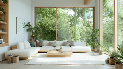 Serene Living Space with Natural Elements: A spacious and sunlit living room, adorned with natural wooden accents and lush greenery.