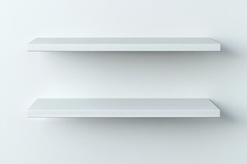 Two empty white shelves against a white wall