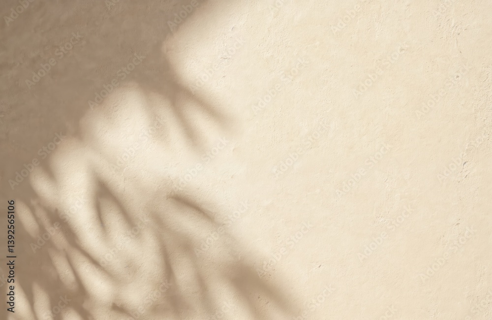 Poster Rustic beige clay plaster texture background with palm shadow. Sunny spring and summer rustic wallpaper, ideal for interior design, eco projects or presentations. Neutral colors, natural surface.