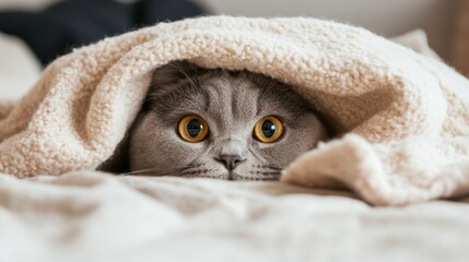 A Scottish Fold cat peeks over the edge of a soft blanket, its big round eyes filled with love as it watches its owner.