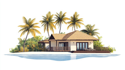 Fototapeta premium Tropical resort style house with palm trees on white background