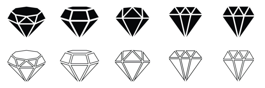 Set of Diamond icon Different shapes of diamond cuts. Dimond icon set in flat style. Abstract black diamond
 collection icons. Gemstone icon set. Diamonds of vector illustration