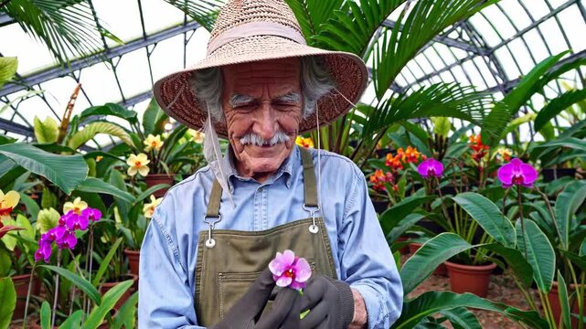 Gardener in straw hat holds flower in greenhouse. Greenhouse is filled with many different types of plants, including variety of flowers. Gardener is tending plants