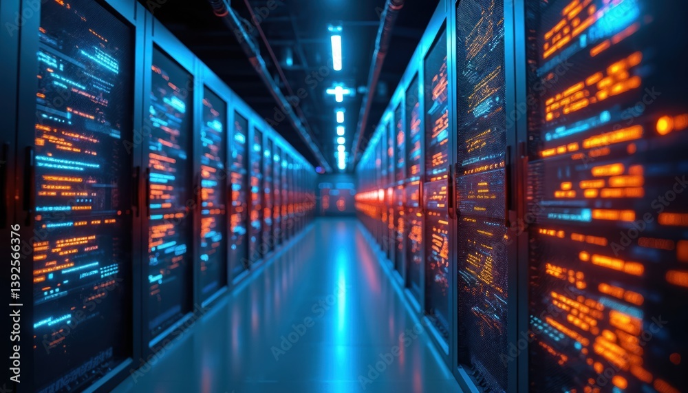 Aufkleber Futuristic server room with digital data streams. Cyber data center with network servers, cloud computing tech. Orange and blue light, information technology, secure data storage, ai.
