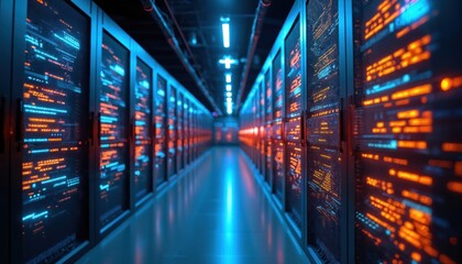 Futuristic server room with digital data streams. Cyber data center with network servers, cloud computing tech. Orange and blue light, information technology, secure data storage, ai.