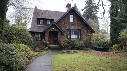 Charming brick house with gable roof and lush garden