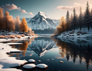 peaceful winter morning in the mountains by a lake