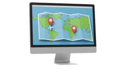 Isolated Computer Monitor Displaying World Map with Location Pins