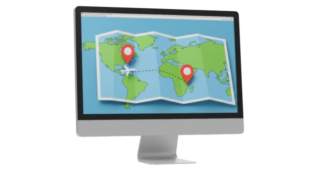 Isolated Computer Monitor Displaying World Map with Location Pins