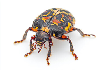 a beetle with a yellow and red pattern on it's back
