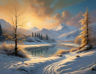 golden hour over a snowy mountain landscape