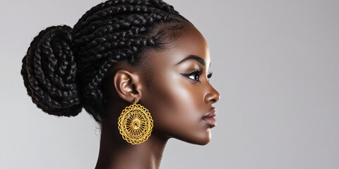 Side profile of a young Black woman with braided hair and large gold earrings, showcasing elegance and beauty against a gray background Free space for text or advertisement