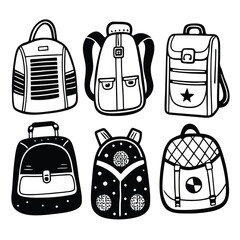 Hand-Drawn Backpack Doodle Set – 6 Unique Black and White Bag Illustrations