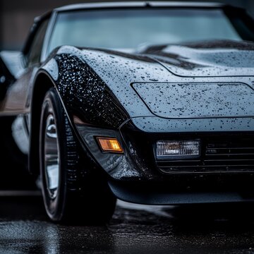 Black Classic Sports Car in the Rain &ndash; Moody Wet Asphalt Reflections