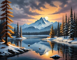 serene winter lake reflecting snow-capped mountains