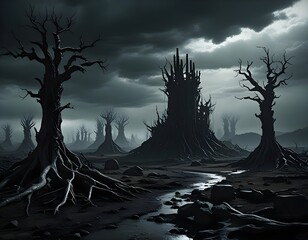 nightmarish castle scene with twisted trees