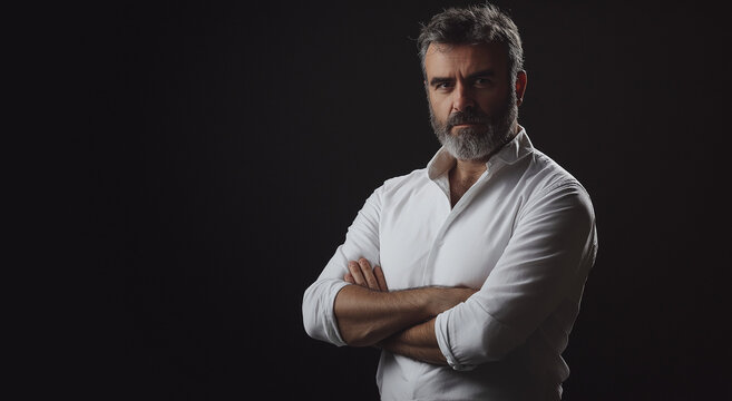 um homem com barba em p&eacute; com os bra&ccedil;os cruzados na frente de um fundo preto Ele est&aacute; vestindo uma camisa branca e tem uma express&atilde;o s&eacute;ria no rosto