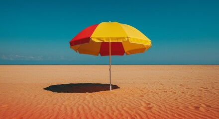 Fototapeta premium Yellow and red beach umbrella standing on a sunny sandy beach under a clear blue sky 