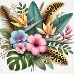 pastel tropical bouquet with hibiscus bird of paradise flowers exotic foliage and speckled feathers in soft pink blue cream and green tones on light background concept of botanical design, fashion bra