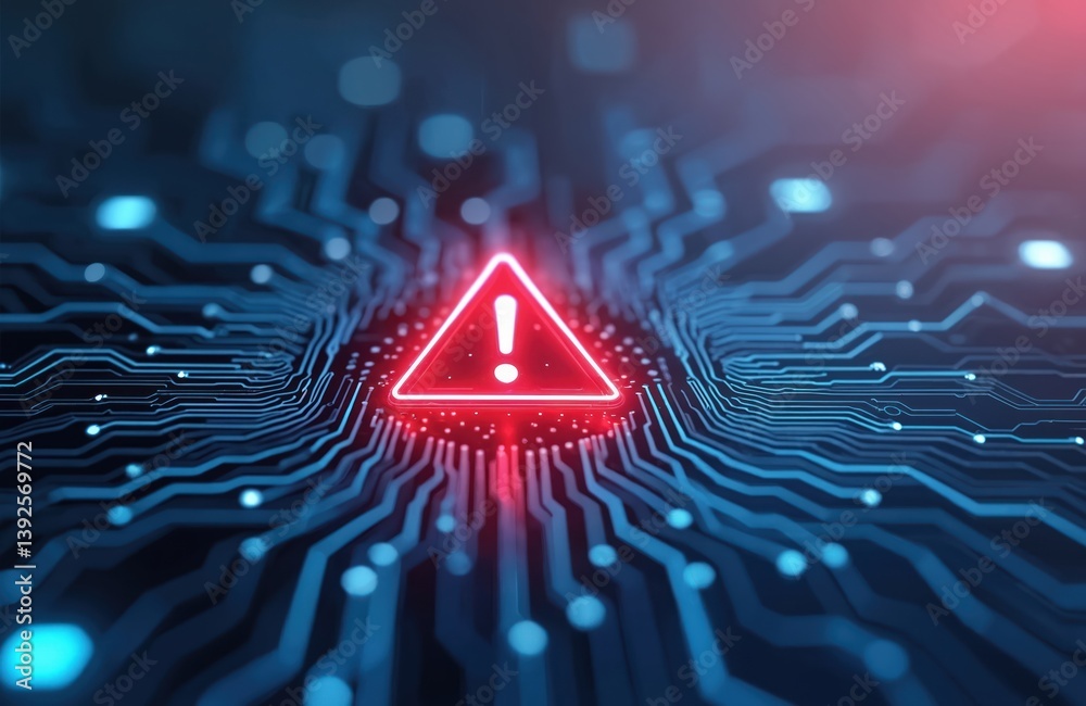 Poster cybersecurity warning concept, red exclamation mark on circuit board. digital data breach, cyber att