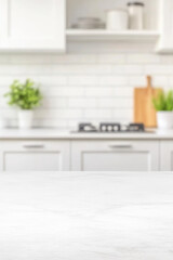 Bright, minimalist kitchen backdrop with a pristine white countertop in the foreground
