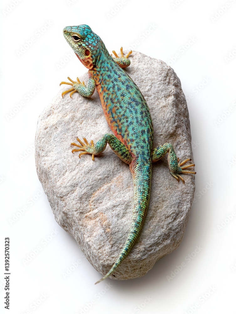 Poster Colorful lizard resting on textured rock against white background with drop shadow for striking visual contrast