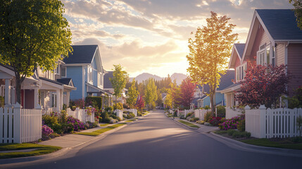 Obraz premium Scenic residential road bordered by colorful homes and gardens