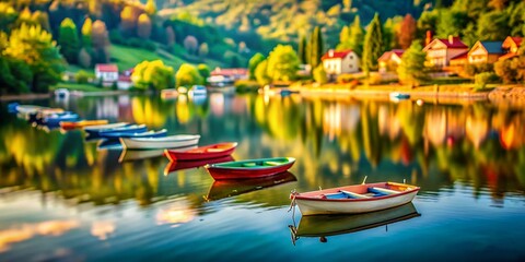 Obraz premium Miniature TiltShift Photography of Lakeside Boats in Hungary A Scenic View of Lillafred