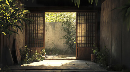 Secluded Japanese dwelling with tatami mats and serene garden view