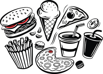 Fast Food Feast Burgers, Fries, Pizza, Ice Cream, and Drinks