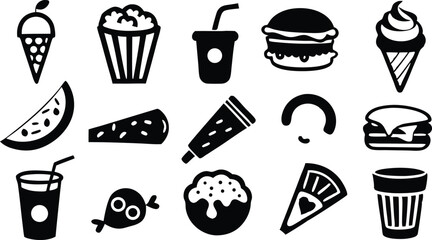 Fast Food Icons Burgers, Ice Cream, Popcorn, Drinks, Snacks